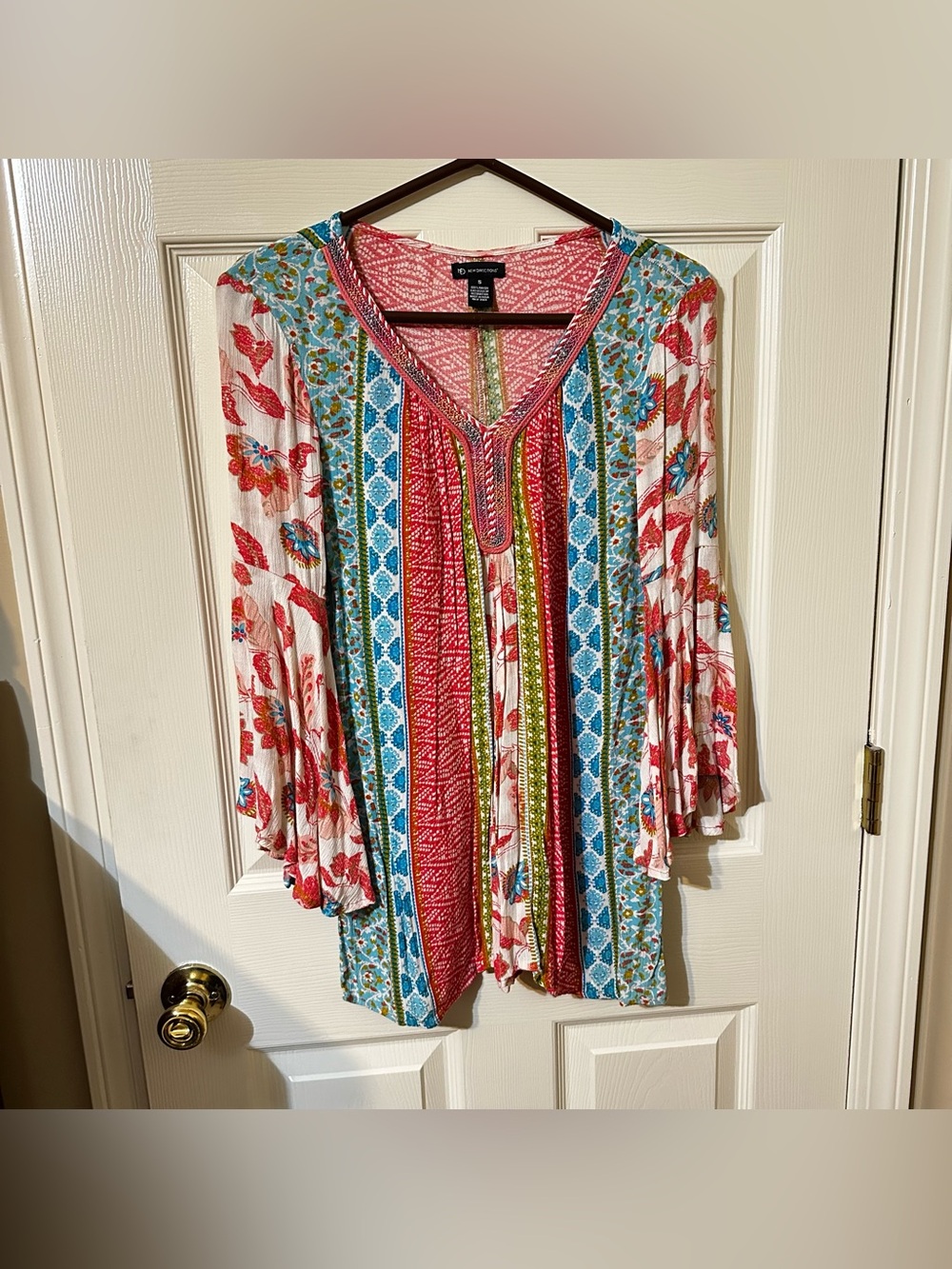 New Directions Floral Stripe Mixed-Print V-Neck Tunic - Coral Multi